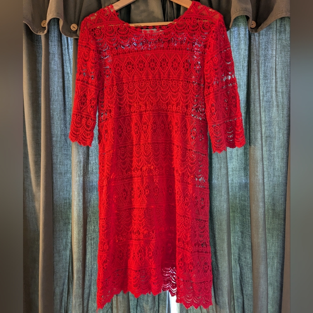 Solitaire Red Sheath Midi Dress with 3/4 Sleeves